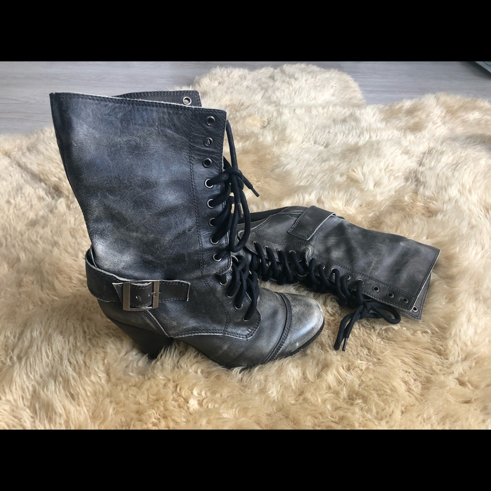 Grey High-Heel Combat Harness Boots